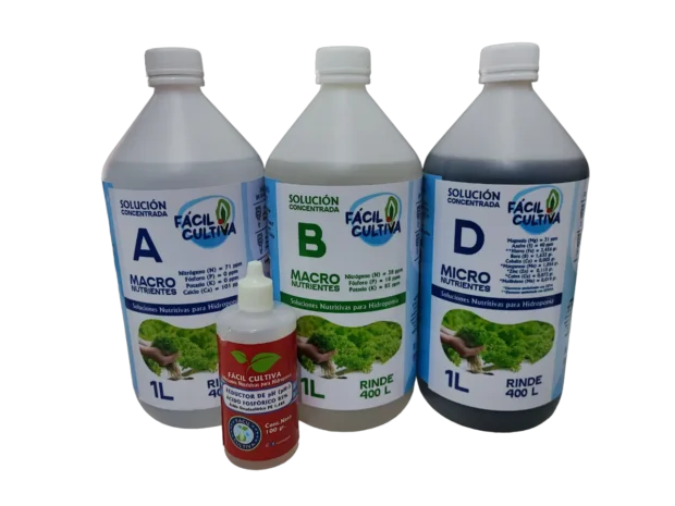 Soluciones Concentradas A + B + D 1L + (pH-) Plantas de Hojas Verdes