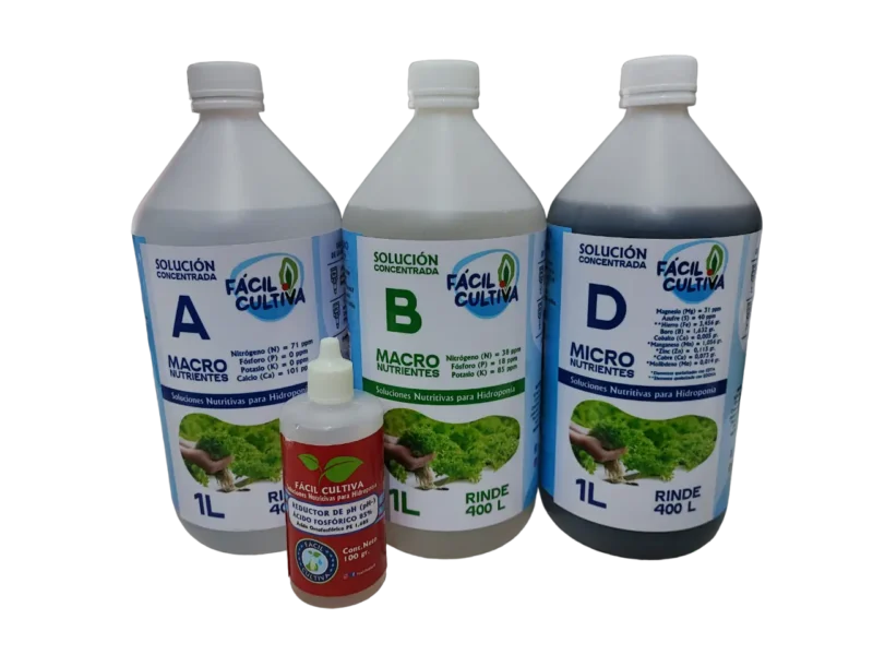 Soluciones Concentradas A + B + D 1L + (pH-) Plantas de Hojas Verdes