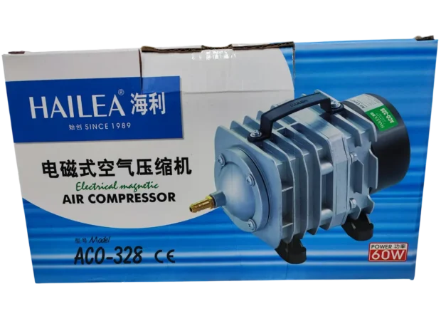 Compresor de Aire Hailea ACO-328 – Aireador de 60W y 82L/min para hidroponía y acuarios.