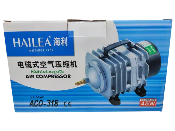 Compresor de Aire Hailea ACO-318 – Aireador de 45W y 70L/min para hidroponía y acuarios.