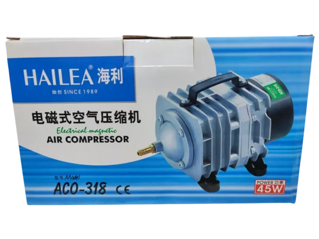Compresor de Aire Hailea ACO-318 – Aireador de 45W y 70L/min para hidroponía y acuarios.