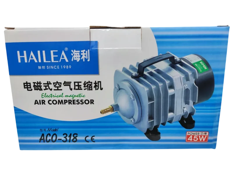 Compresor de Aire Hailea ACO-318 – Aireador de 45W y 70L/min para hidroponía y acuarios.